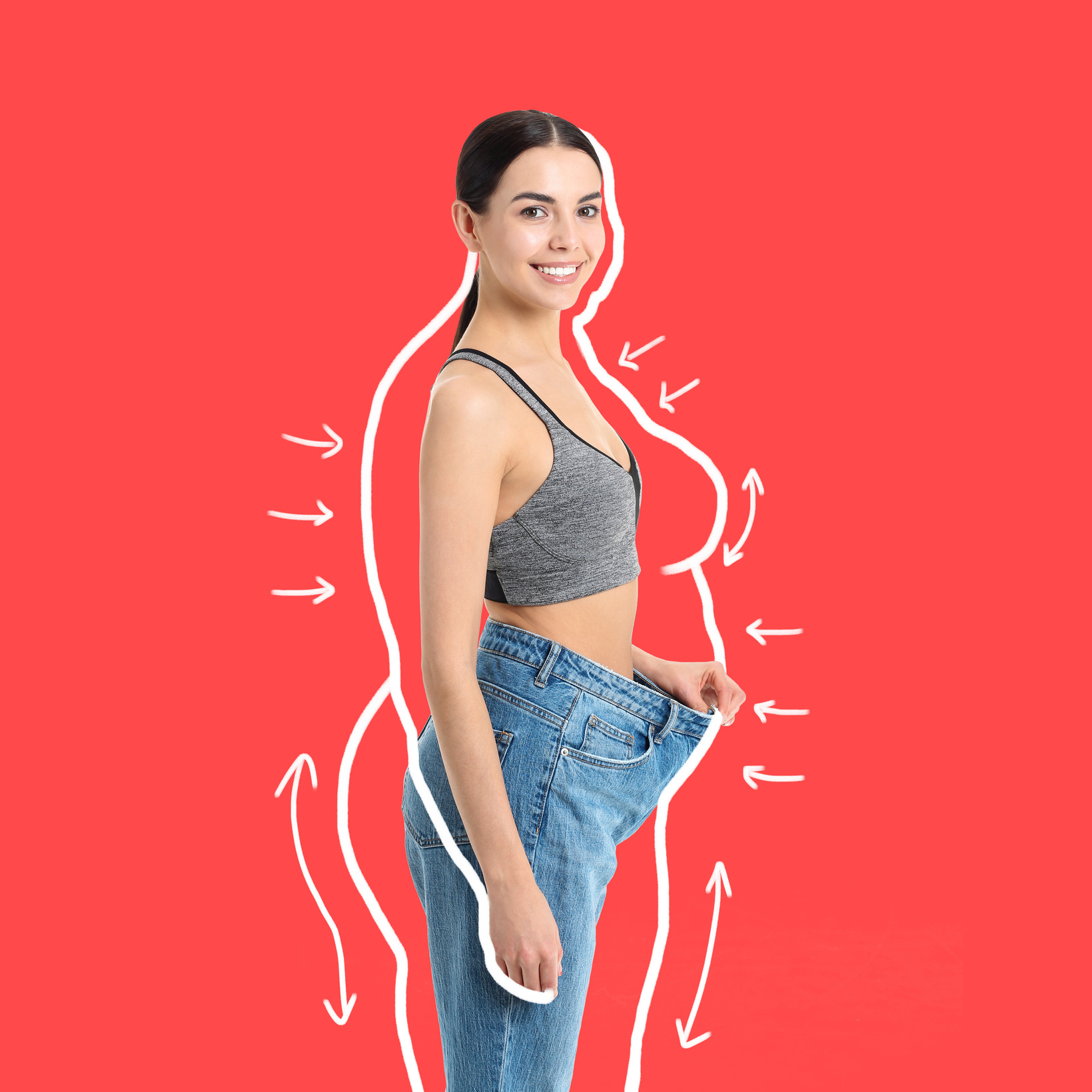 Portrait of Fit Woman with Weight Loss on Red Background